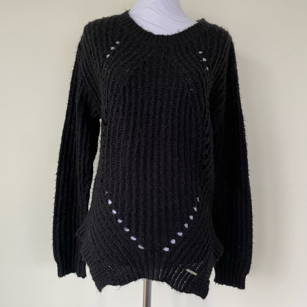 Michael Kors Textured Ribbed Knit Crew Neck Sweater Black S Small Wool Mohair